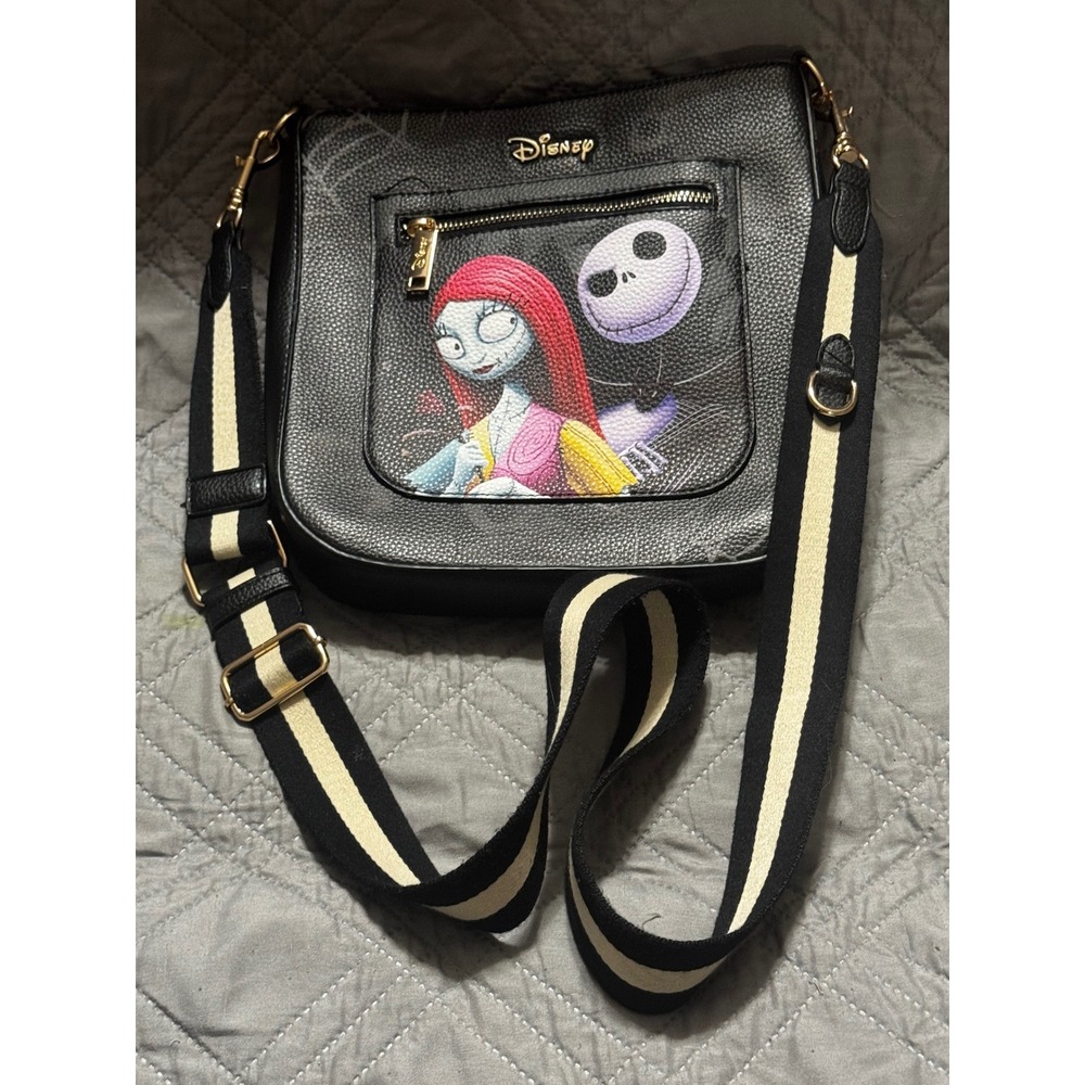 Disney Nightmare Before Christmas Jack Sally Crossbody Bag Black Striped Strap